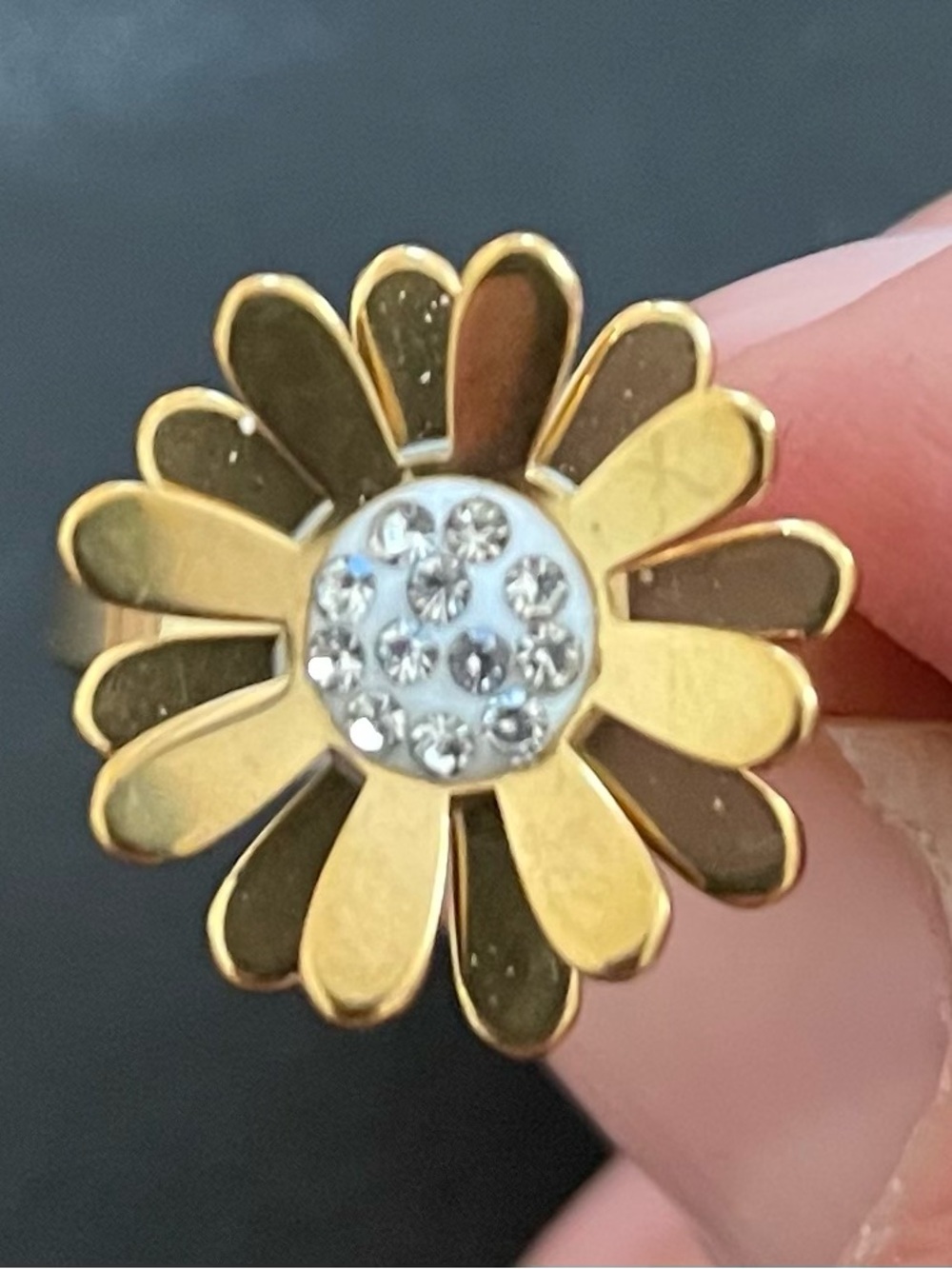 Size 9 Crystal Stainless Steel Sunflower Ring NEW